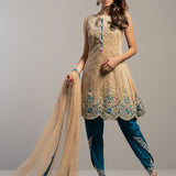 Zainab Chottani | Semi Formals | BEIGE GOLD WITH TEAL DRESS