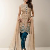 Zainab Chottani | Semi Formals | BEIGE GOLD WITH TEAL DRESS