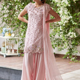 Farah Talib Aziz | Designer Picks 24 | KARINA BLUSH SCHIFFLI RAW SILK SHIRT WITH PRE-DRAPED DUPATTA