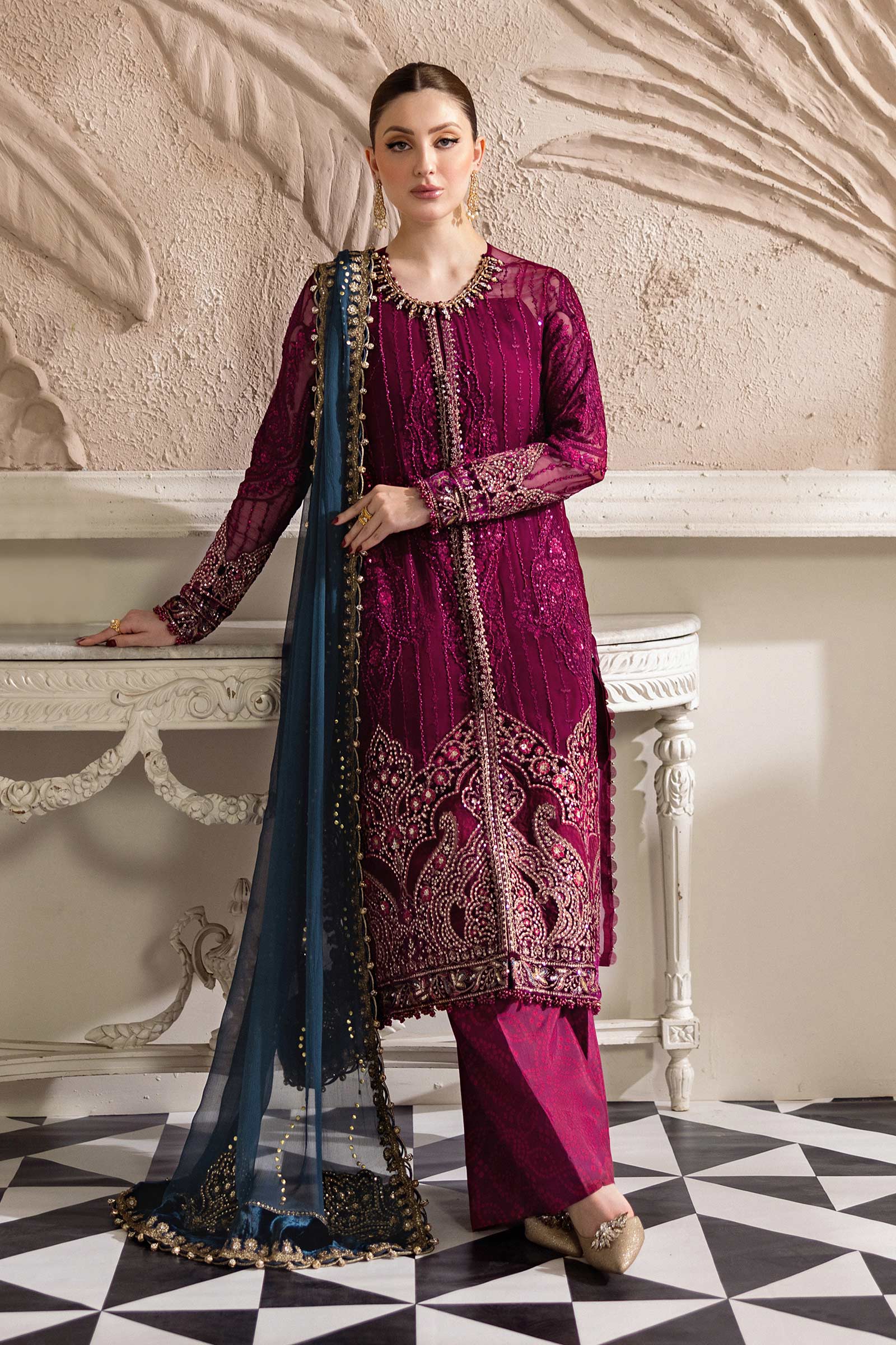 Maria B 3 Piece Unstitched Embroidered Chiffon Suit | MPC-25-102 