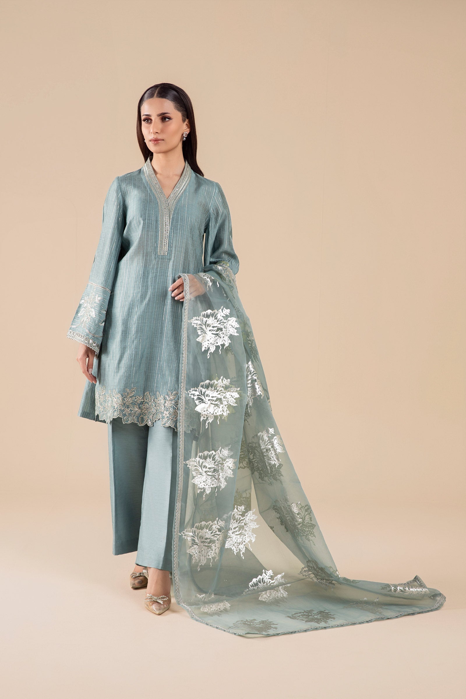 Maria B | Basics RTW | 3 Pc Embroidered Two Tone Lurex Silk Suit | MB-FS25-28